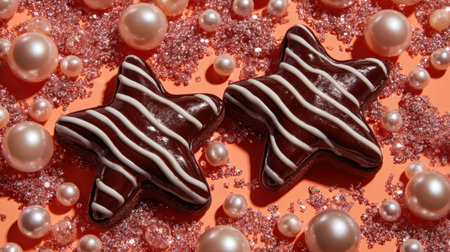 Two star-shaped chocolate cookies with white lines are displayed on a vibrant orange background, surrounded by various-sized pearls. The cookies showcase a detailed texture, and the lighting highlights the forms. Ideal for culinary themes, this composition can be suitable for commercial and editorial purposes.の素材