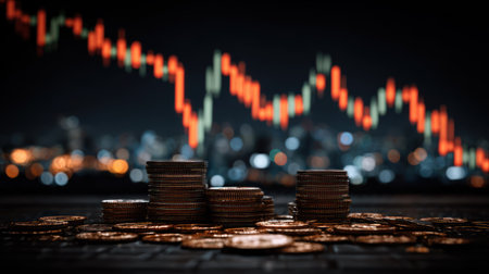 A close-up captures stacked coins against a blurry backdrop of a downward-trending financial chart. The composition features various golden coins, suggesting wealth or investment. The background shows city lights, hinting at a financial district at night. The image is suitable for illustrating economic concepts, stock market fluctuations, or financial reports.の素材