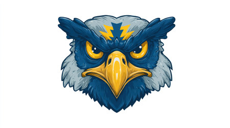 A detailed illustration depicts an owl head with a fierce expression, featuring a combination of blue, yellow, and gray hues. The artwork presents a stylized approach, possibly for a logo or emblem, emphasizing sharp lines and contrasts. The image, suitable for digital applications, provides copy space and can be used in various commercial projects.の素材