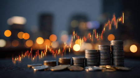 Stacks of coins are presented with an overlaying financial graph, suggesting economic growth. The image features a dark environment with blurred bokeh lights in the background. The composition uses a shallow depth of field, highlighting the financial elements. This image may be suitable for illustrating financial reports and business-related concepts.の素材