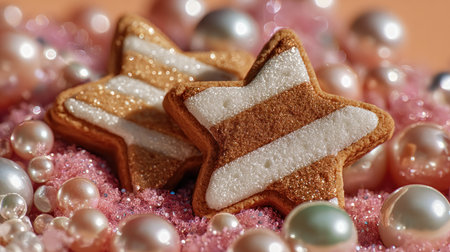 This close-up image presents star-shaped cookies with white stripes nestled among pearls and pink decorative elements. The composition features a warm color palette with gold and brown tones, suggesting a celebratory or festive setting. Suitable for various design projects and visual content needs, the image evokes a sense of charm.の素材