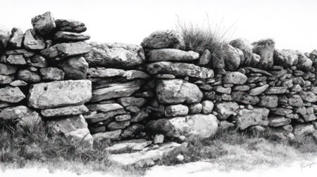 An image showcases a section of a weathered stone wall with an opening. The monochrome composition emphasizes texture and detail. The scene is likely outdoors, featuring natural lighting. It could be used for various commercial or editorial purposes, conveying a sense of history or nature.の素材