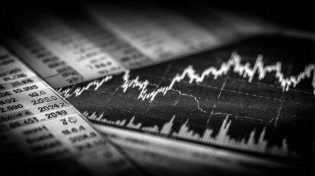 This black and white image displays a financial graph overlaid on data sheets. The composition includes lines and figures suggesting market trends. The overall appearance is illustrative with high contrast and detailed textures. Suitable for illustrating financial reports, business presentations, or editorial content.の素材