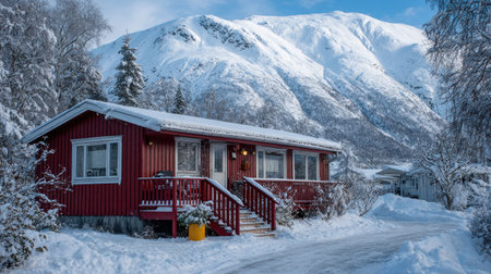 A vibrant red cabin sits nestled in a snow-covered environment, framed by snow-laden trees and a towering, snow-covered mountain. The image features natural light illuminating the scene, creating a sense of tranquility. It is suitable for various commercial purposes, including travel, real estate, and seasonal content.の素材