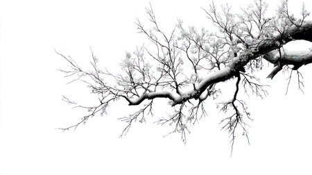 A close-up shot presents a snow-covered tree branch against a pure white backdrop. The black and white image displays fine textures of the bark and delicate branches. The composition utilizes negative space to highlight the stark contrast and could be used for various design projects or editorial content.の素材