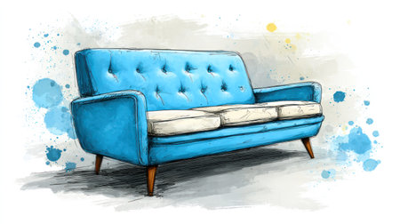 An illustrated depiction shows a turquoise sofa set against a white backdrop. The piece features button detailing and wooden legs. Watercolor-style paint splotches surround the sofa, and the composition is well-suited for various design projects, including advertising or editorial content.の素材