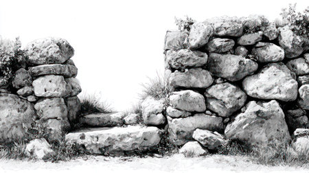 A stone wall with an opening dominates the image, constructed with irregularly shaped rocks. The monochrome palette accentuates textures and highlights details. The composition, lit by overhead lighting, offers a sense of history or antiquity. Suitable for various design applications, the image is versatile for commercial use.の素材