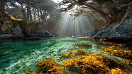 A tranquil river scene unfolds with clear, emerald waters reflecting sunlight streaming from above. The composition includes trees, rocks, and plant life, creating a natural environment. The image features a bright, overhead light, hinting at a day setting. Suitable for various editorial and commercial applications.の素材