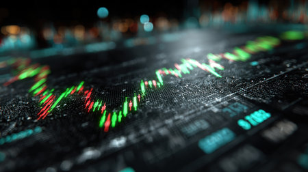 An overhead shot reveals a digital display featuring a fluctuating stock market graph. The lines are rendered in shades of green and red, suggesting upward and downward trends. The background is dark, and the overall composition suggests a technological or financial setting. Suitable for commercial and editorial applications, potentially illustrating finance topics.の素材