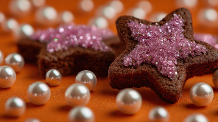 Star-shaped chocolate cookies, adorned with pink sparkling sprinkles, rest on a vibrant orange surface, surrounded by luminous pearls. The close-up composition emphasizes the texture and detail of the baked goods and shiny spheres. This image is suitable for culinary, festive, and decorative applications.の素材