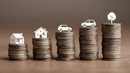 This image showcases stacks of coins with miniature symbols of a house, car, and a tree atop them. The composition features a neutral background, highlighting the objects. The lighting is soft, providing depth to the scene. This visual representation can be used for financial or economic presentations, or illustrative purposes.の素材
