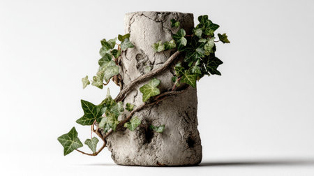 An isolated, textured stone cylinder is adorned with lush, green ivy in this image. The composition highlights the contrast between the rough, gray surface and the vibrant, organic plant life. The neutral white background enhances the subject's prominence. Suitable for various editorial and commercial applications, it can be used for design and art concepts.の素材