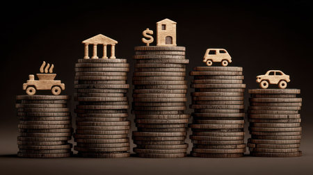 This image showcases stacks of coins, each topped with a small wooden symbol representing different aspects of assets. Various elements like miniature house, car, bank are on the coin piles. The lighting casts subtle shadows. The image might be used in financial reports or advertising related to savings and investment.の素材
