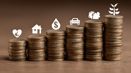 Image features a series of stacked coins, each pile topped with a different icon representing financial goals. The composition is set against a neutral backdrop, exhibiting a soft, diffused lighting. It's ideal for illustrating concepts related to savings, investments, and financial planning, suitable for various commercial or editorial uses.の素材