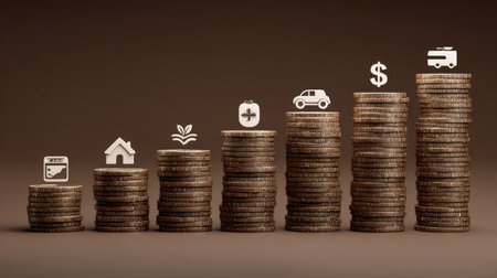 This image showcases stacks of coins with various icons on top. The visual elements comprise a series of brown-toned coin stacks, representing financial aspects. The scene is illuminated by overhead lighting, offering a clear view. Ideal for financial concepts, investment strategies, or articles covering economic topics, the image could be utilized for various commercial and editorial applications.の素材