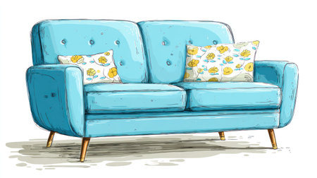 An illustration depicts a vibrant turquoise sofa, accentuated by patterned pillows. The artwork showcases a watercolor style, featuring soft textures and shadow details. The composition is likely for design or decorative purposes. Its simplicity suggests potential uses in various projects.の素材