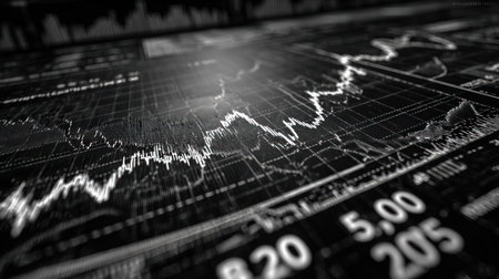 An overhead view reveals a stock market graph. Lines and data points are visible, representing financial trends. The grayscale palette emphasizes a business setting. The image is ideal for illustrating financial reports, economic analyses, or investment presentations. It lacks specific branding and offers ample copy space.の素材
