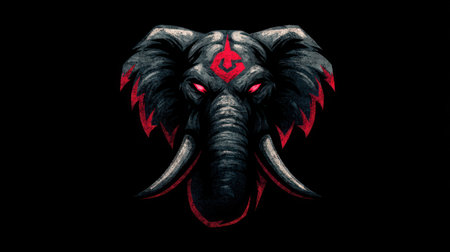 This digital illustration features a stylized elephant head rendered in shades of black and red. The artwork showcases intricate details, emphasized by the contrasting colors and the creature's glowing red eyes. The composition employs dramatic lighting against a dark backdrop, suitable for various editorial and commercial applications.の素材