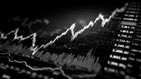 An upward trending financial graph is displayed against a dark background. The lines and data are primarily white, providing contrast and visual interest. The composition suggests an investment or business context, suitable for various financial or commercial projects. This visual could be used for illustrating market trends or economic reports.の素材