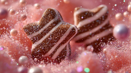 Two star-shaped candies are the main subjects in this studio image. They feature white striped icing and sit amidst a flurry of pink and white elements. The composition showcases a close-up perspective. This image could be used for various commercial projects related to treats or confectionery.の素材