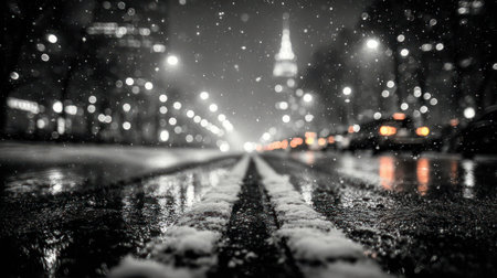 A nighttime cityscape is depicted with a snow-covered street reflecting city lights. The monochrome composition showcases soft focus, and bokeh effects, creating a dreamy atmosphere. The scene suggests a winter environment with possible applications in editorial contexts and visual projects.の素材