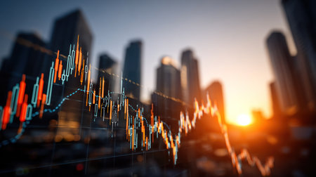 An illustrative stock market chart is superimposed over a distant cityscape during either a sunrise or sunset. The image displays lines and bars representing financial data. The composition features a shallow depth of field, with soft focus on the buildings and bright lighting. Suitable for use in articles and publications about economics.の素材