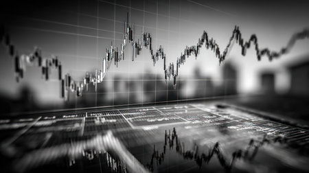 A close-up view presents a stock market graph on a tablet screen. The image features a grayscale palette with sharp focus on the graph and blurred elements in the background. It could be used in finance or business articles or presentations to illustrate economic trends.の素材