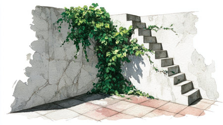 An illustration depicts a staircase with lush green vines climbing up a weathered white wall. The artwork showcases a watercolor style, featuring soft lighting and a shadow. The setting appears to be outdoors, potentially in a sunny environment. This image is suitable for various commercial uses.の素材