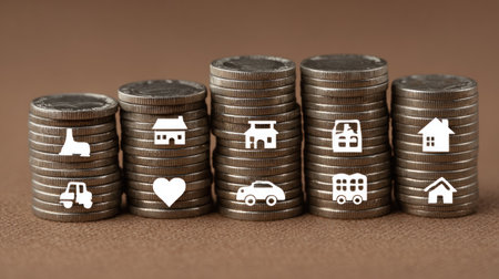 The image features stacks of coins arranged in ascending order, each pile adorned with a different white icon. These icons represent concepts like home, car and heart. The composition is simple, with a focus on metallic textures against a blurred brown backdrop, suitable for illustrating financial planning or investment themes. It could be used for advertising or educational materials.の素材