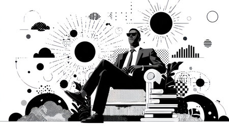 A sharply dressed man, rendered in monochrome, sits at ease in a chair. The image features high contrast with various abstract shapes and radial patterns. The composition suggests a dynamic environment possibly related to business or conceptual themes. This graphic could be useful in editorial and commercial projects.の素材
