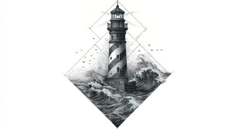 An artistic depiction presents a lighthouse centered within a diamond shape, encircled by stormy waves and birds in flight. The monochromatic palette emphasizes contrasts, highlighting the detailed texture of the lighthouse and the dynamic water. This image suits various editorial and design projects for themes like navigation, safety, or adventure.の素材