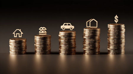 Image features stacks of coins topped with various icons representing financial concepts. The composition employs a dark backdrop highlighting the metallic texture and warm lighting. It suggests themes related to finance, investment, or banking, suitable for commercial or editorial applications.の素材