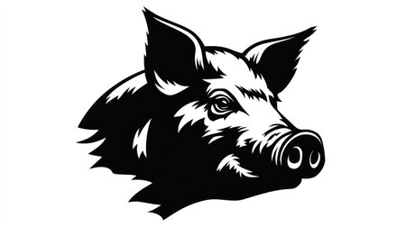 This stark black and white illustration depicts a detailed head of a wild boar. The design showcases strong contrasts and precise linework. It could be suitable for various design projects, including logos, illustrations, or graphic elements. This image is applicable for both commercial and editorial contexts.の素材