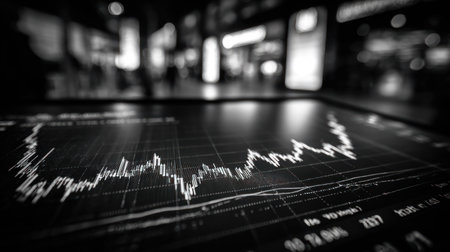 An image showcases a stock market graph displayed on a digital screen. The black and white composition highlights the fluctuating line chart against a grid background. The composition uses shallow depth of field, with a blurred background suggesting a business or financial setting. This image may be suitable for illustrating business, finance, or market analysis concepts.の素材