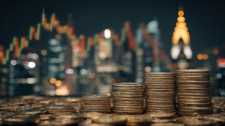 Four stacks of coins are in sharp focus, set against a blurred background of a cityscape and financial charts. The composition uses warm lighting and varied textures. This image could be used for articles or advertisements related to financial concepts and investment.の素材