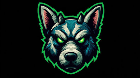 This illustration features a wolf head depicted in a bold, stylized manner against a solid black backdrop. The artwork showcases a striking color palette of blue, green, and white. Its design lends itself to a variety of applications, suitable for both commercial and editorial use such as branding, gaming and apparel design.の素材