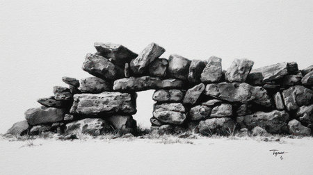 A grayscale illustration portrays a weathered stone wall featuring an archway. The composition showcases detailed textures of the rough-hewn stones, suggesting an exterior environment. The artwork employs high contrast and dramatic lighting, possibly suitable for editorial or commercial projects focusing on heritage or design.の素材