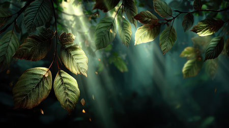 This image showcases leaves in a forest setting, illuminated by beams of sunlight filtering through the canopy. The composition features a natural, organic style with a muted color palette. It may be suitable for various uses, including editorial and commercial projects, such as advertising or website design.の素材