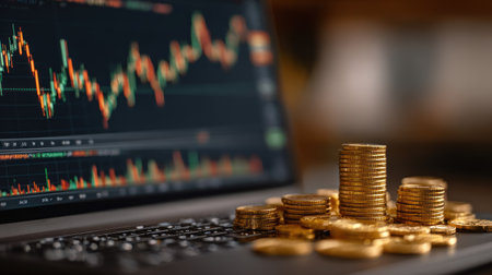 A close-up image displays a laptop screen showing a financial chart with stacked coins. The composition utilizes a shallow depth of field, bringing the chart and coins into focus. The scene, illuminated by ambient lighting, hints at trading activities and the concept of finance, suitable for various business or financial publications.の素材