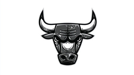 A grayscale illustration presents the head of a bull with stylized features. The image showcases the animal against a clean white backdrop, emphasizing the bold graphic design. This visual is suitable for various design projects, including branding, advertising, and editorial content.の素材