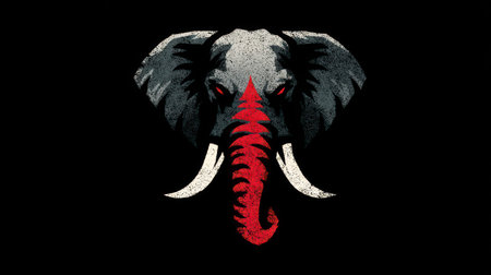 An illustrated elephant head, predominantly gray, features striking red details on its tusks and facial markings. The composition, set against a black backdrop, presents a graphic and bold style. The image evokes strength and wildness, suitable for various design applications and commercial projects such as print or digital media.の素材