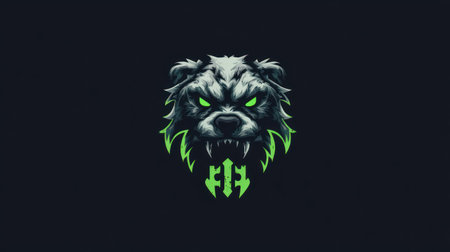 This image presents a stylized illustration of a dog's head, possibly a guardian animal. It features striking green eyes and intricate glowing elements. The design is set against a dark background, highlighting the contrast and visual impact. Ideal for various commercial uses such as logos, branding, or editorial content.の素材