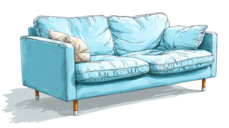 This illustration showcases a comfortable turquoise couch with two cushions and wooden legs. The drawing style features soft lines and a watercolor-like texture, suggesting a cozy indoor setting. It's suitable for various design projects, including home decor, product promotion, and lifestyle articles.の素材