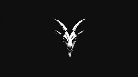 A grayscale illustration displays a goat's head in a simple, graphic style, set against a solid black backdrop. The lighting highlights the animal's features, emphasizing the horns and facial details. This image is suitable for various applications, including design, branding, and editorial uses.の素材