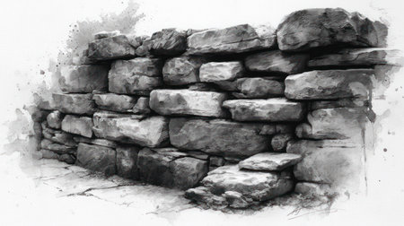This image presents a stone wall constructed with various sized rocks in shades of gray. The composition is rendered in a watercolor style, featuring soft edges and a textured appearance. The piece evokes a sense of age and permanence. Suitable for visual concepts and backgrounds in commercial projects.の素材