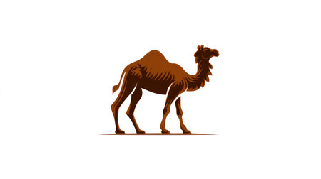 A brown camel is depicted in a graphic style, standing against a clean white backdrop. The illustration presents a detailed rendering of the animal's form and texture with contrasting shading. Its isolated presence and simple composition suggest various commercial applications, including use in design projects and advertising materials.の素材