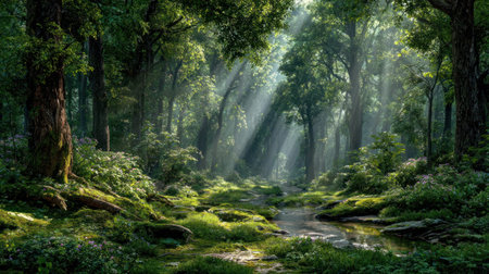 A dense forest interior is bathed in dramatic sunlight, creating a visually compelling scene. The image showcases tall trees and vibrant green foliage, textures and highlights. The composition suggests an outdoor environment, possibly daytime, suitable for various commercial and editorial applications, illustrating the beauty of nature.の素材