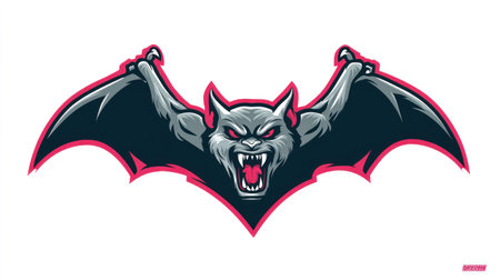 An illustration presents a stylized bat figure with extended wings, displaying a threatening facial expression. The artwork employs dark hues for the bat's body and contrasting pink outlines. The composition is isolated on a white backdrop, suitable for various applications, including print and digital projects.の素材