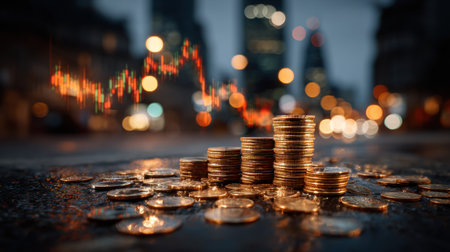 Image presents stacks of coins with a financial graph superimposed, illustrating economic shifts. The composition features a shallow depth of field, with coins in focus and city lights blurred in the background. Colors include gold, black and orange tones. Suitable for financial publications, business articles, or economic reports.の素材