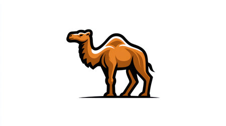 A brown camel is depicted in a graphic style, standing on a white surface. The composition uses a clean, minimalist approach, featuring bold lines and solid colors. Suitable for various design projects, this image can be utilized in branding, marketing materials, and digital applications.の素材